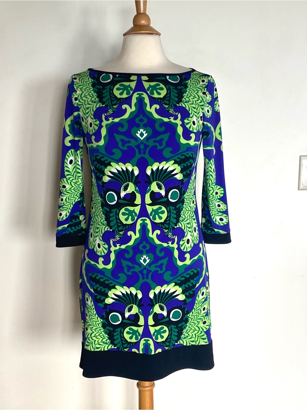 Laundry by Design Blue,& Green Printed Long Sleeve Dress Abstract Peacock Print